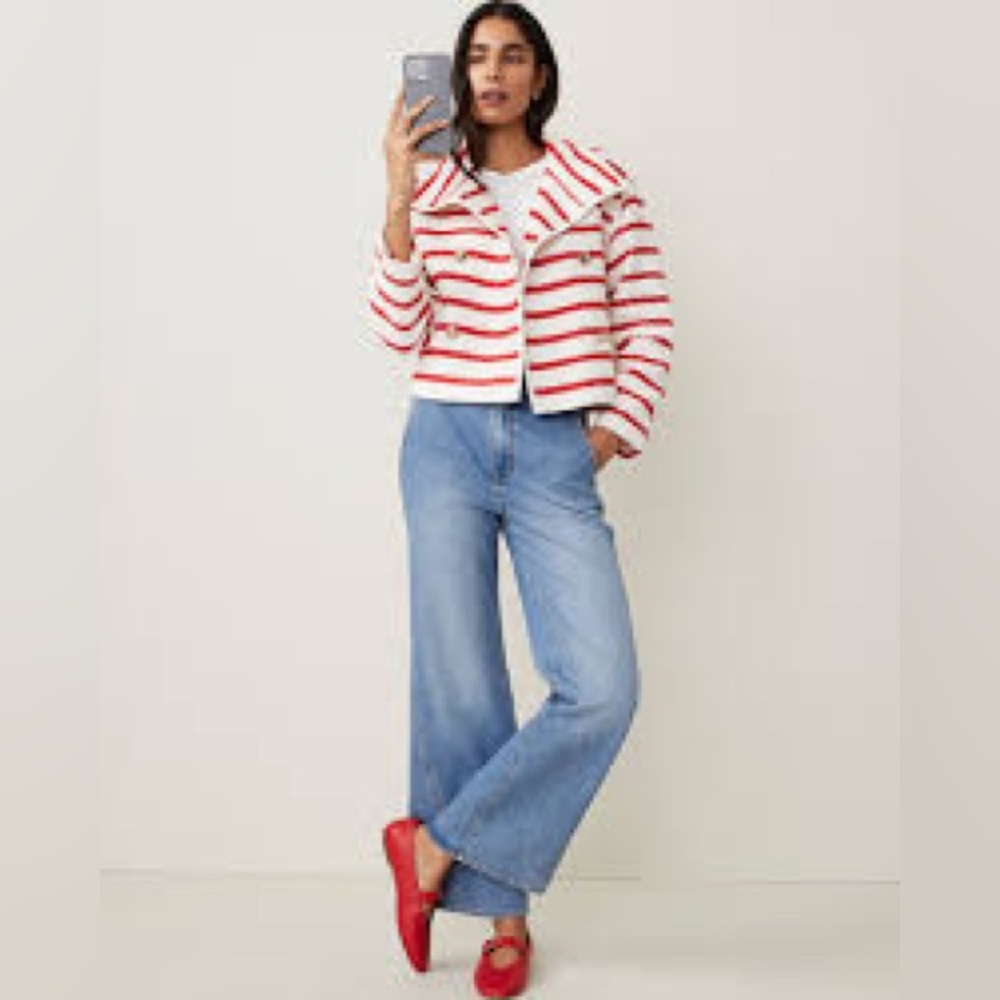 ANN TAYLOR BRIGHT CHERRY PETITE TWEED OVERSIZED DOUBLE BREASTED JACKET